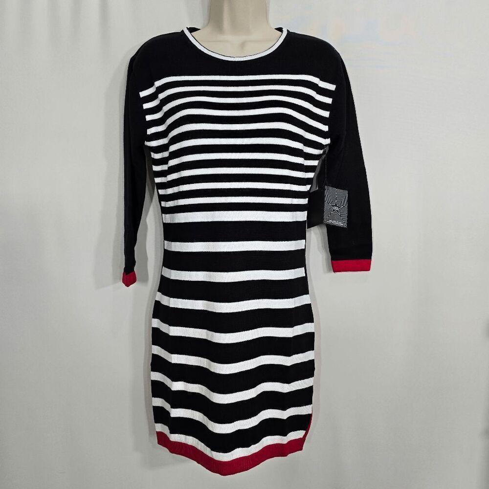 Area Stars Black & White Long Sleeve Striped Sweater Dress Red Accents Small